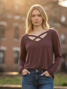American Eagle Outfitters Long Sleeve Crisscross V-Neck Top - Plum
